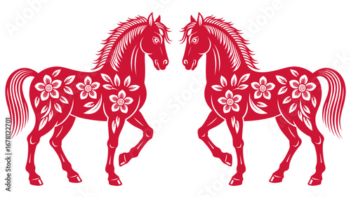 Two vibrant red horses adorned with floral patterns on a white background, symbolizing good fortune and prosperity.