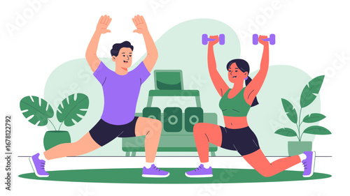 Fit couple performing lunges with dumbbells for a home workout, promoting active lifestyle.