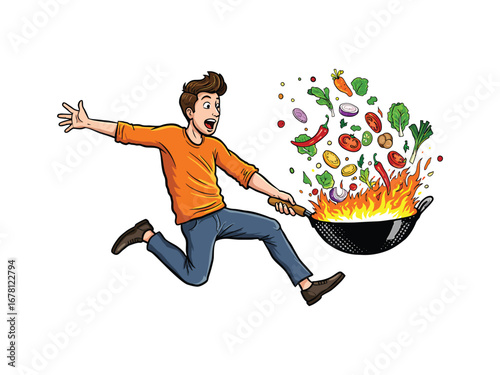 A surprised man cooks, his wok ablaze with food, ingredients flying
