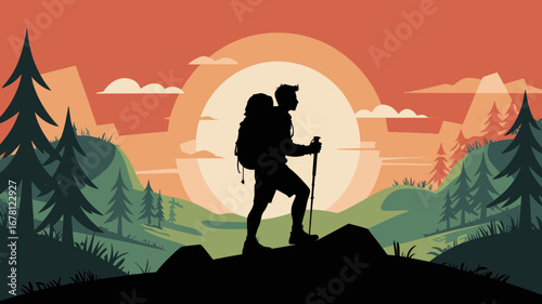 Adventurous hiker silhouetted against a vibrant sunset in a mountainous landscape