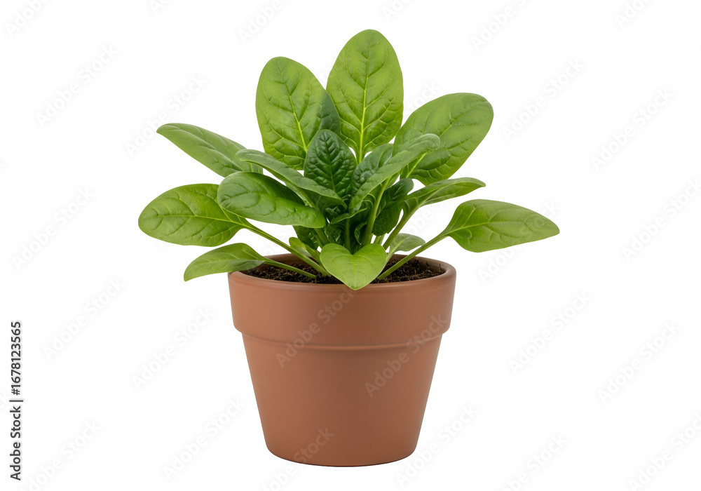Fototapeta premium A vibrant spinach plant sits in a terracotta pot against a stark black background.