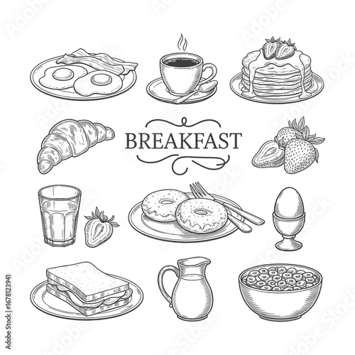 Hand Drawn Sketch of Various Breakfast Foods and Drinks drawing