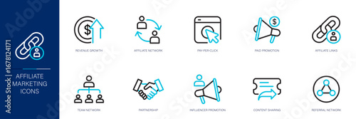 Affiliate Marketing Blue Colored Outline Icon Set
