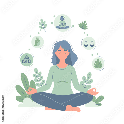 A woman meditating in lotus position surrounded by leaves and symbols representing inner peace.
