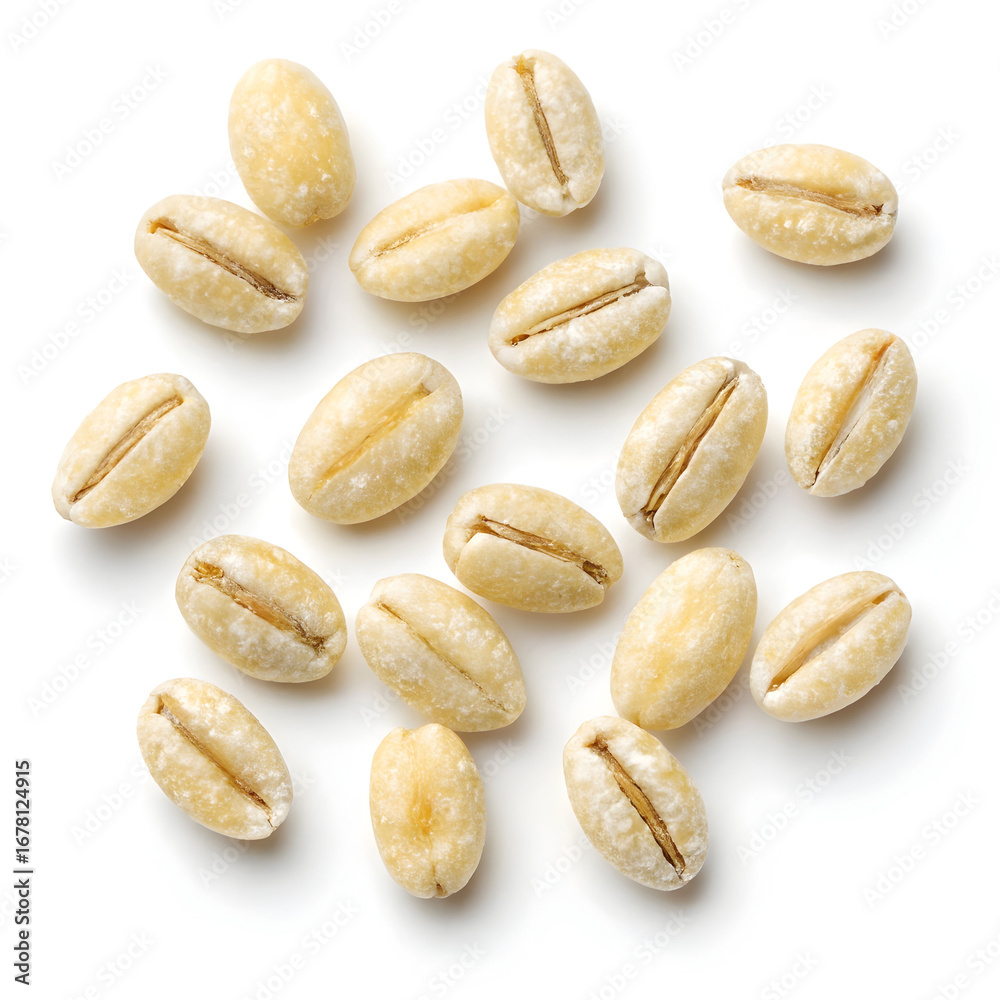 Obraz premium Close-up of pearled barley grains isolated on a white background, highlighting their smooth,