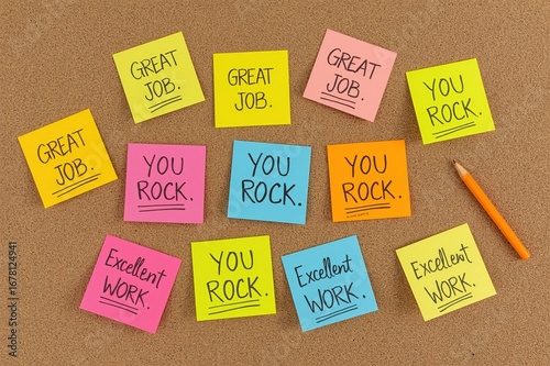 Colorful sticky notes praise work, corkboard