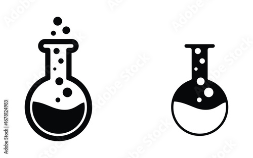 Two Black Icons Of Laboratory Flasks With Bubbles And Liquid beaker science