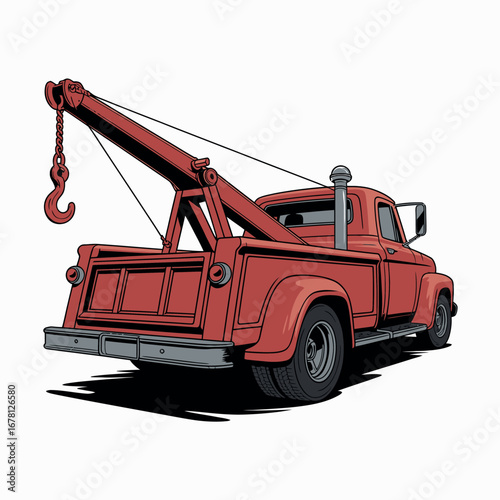 Vintage red tow truck with boom and hook isolated on white background