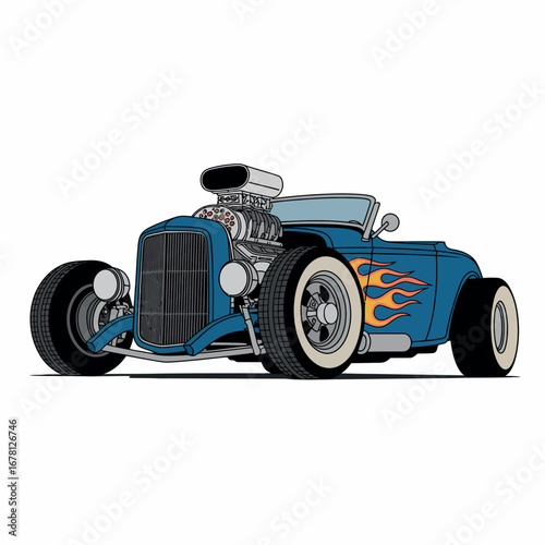 Classic blue hot rod with flames and exposed engine