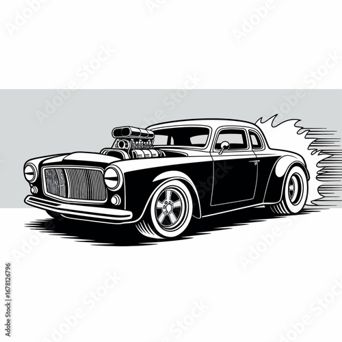 Classic hot rod car with supercharger and motion blur