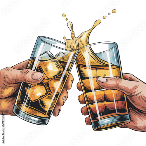 Two hands holding glasses of whiskey and cola toasting with a splash