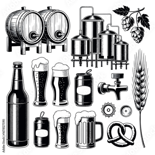 Collection of vintage beer brewing elements including barrels tanks hops barley bottles cans glasses and pretzel