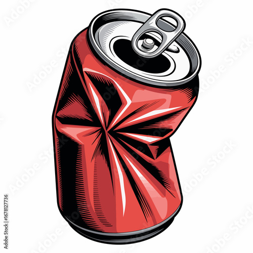 Crushed red soda can with pull tab open