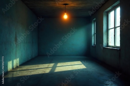 An empty, cold room with a single, flickering lightbulb casting long shadows; conveying a sense of profound isolation and chilling emptiness , interior, building, empty