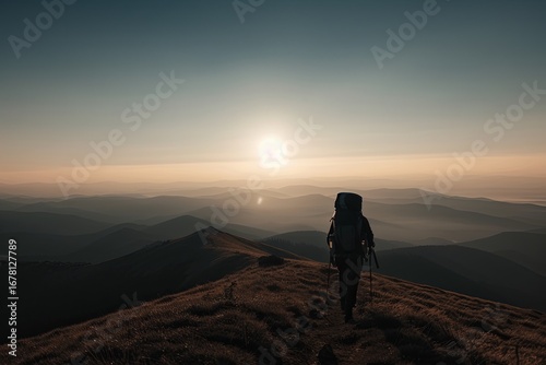 Contemplative woman stands on mountaintop during sunrise. Serene atmosphere enhances sense of adventure and peace in nature.