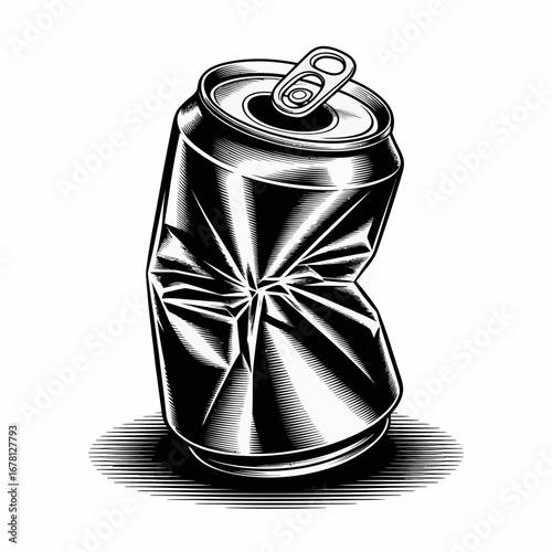 Crushed aluminum soda can illustration with sketchy style