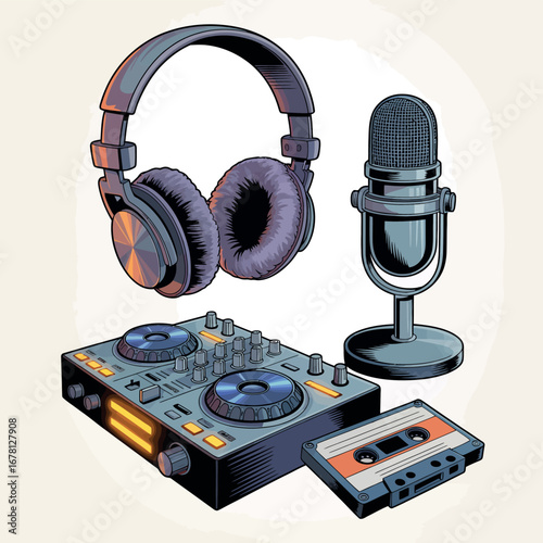 Vintage dj equipment including headphones microphone cassette tape and mixer