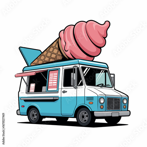 Whimsical ice cream truck with giant pink ice cream cone on top