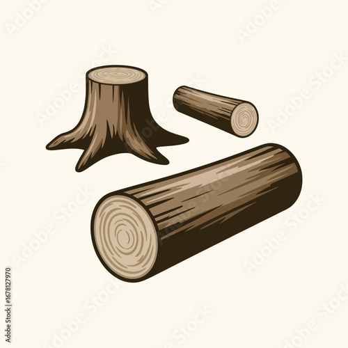 Illustration of a tree stump and two logs on a light background