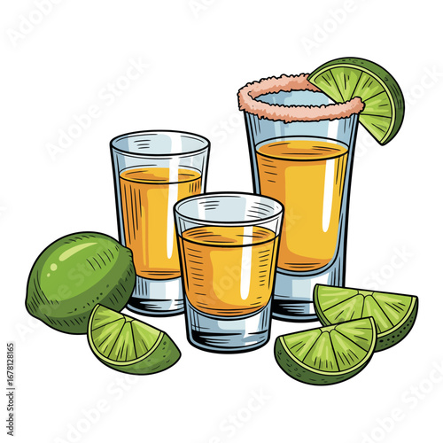 Three shot glasses filled with golden tequila and lime wedges