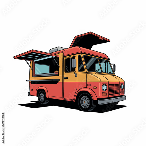 Retro food truck with open serving windows and awning
