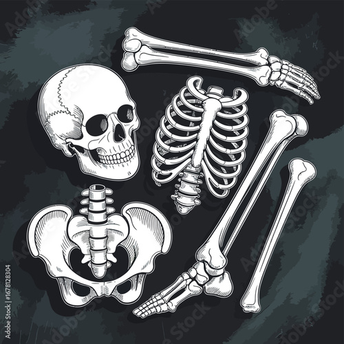 Collection of human skeleton parts including skull rib cage pelvis and leg bones
