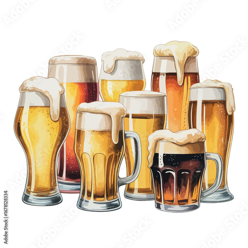 Collection of assorted beer glasses filled with frothy golden and dark beer