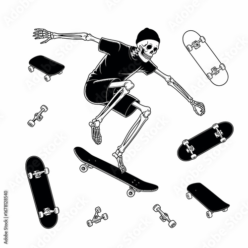 Skeleton skateboarder performing a trick surrounded by skateboards