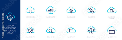 Cloud Computing and Storage Blue Colored Outline Icon Set