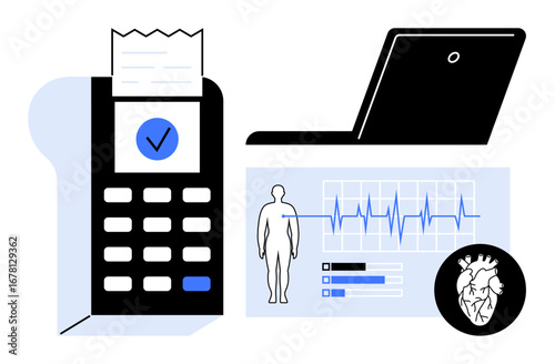 Payment terminal with receipt, laptop displaying human heart rate monitor, body outline, and health data. Ideal for healthcare, telemedicine, finance, technology, diagnostics innovation simple flat