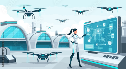 Futuristic factory managed by automated drones and advanced delivery system