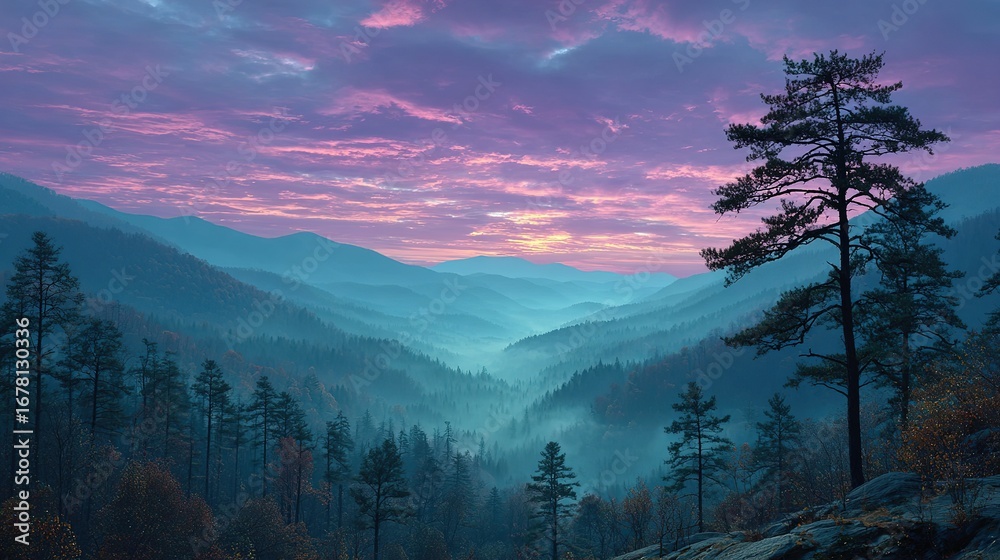Obraz premium Mountain landscape with trees and a colorful sky at dawn or dusk.