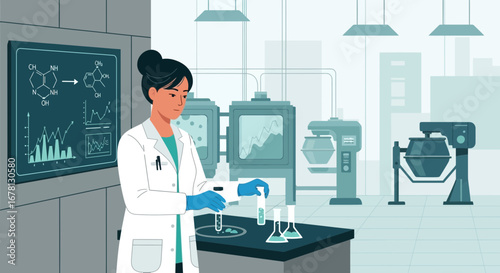 Scientist conducting research in laboratory with chemical formulas on display