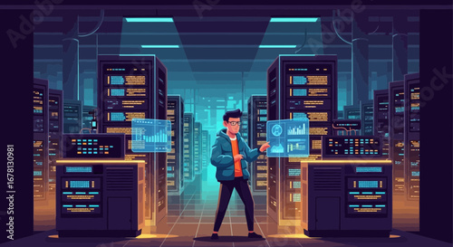 Data center engineer analyzing server performance with holographic displays