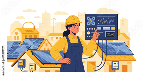 Innovative renewable energy system installation by female engineer on rooftops