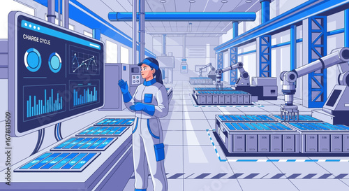 Illustrated view showcasing automated solar panel fabrication with a monitoring worker