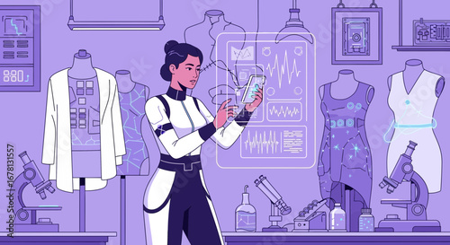 Futuristic fashion designer analyzing data on holographic interface