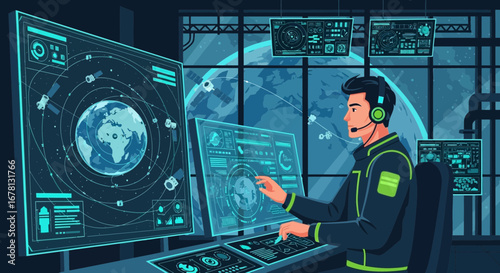 Futuristic Global Network Control Center with Operator Monitoring Satellites