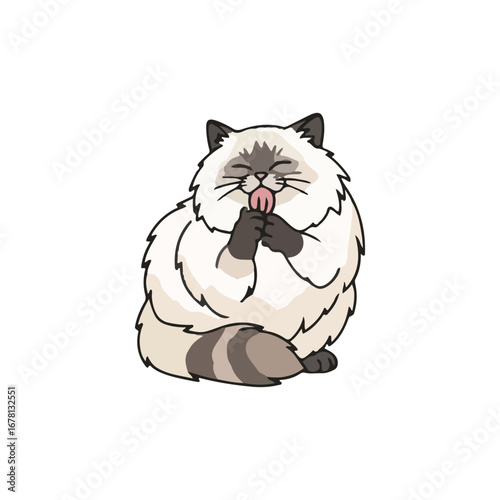 A fluffy, cartoon-style cat is grooming itself, licking its paw contentedly.