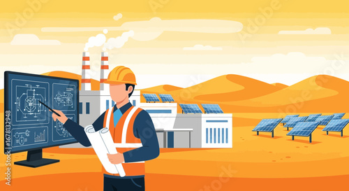 Engineering expertise visualizing solar power plant schematics in a desert