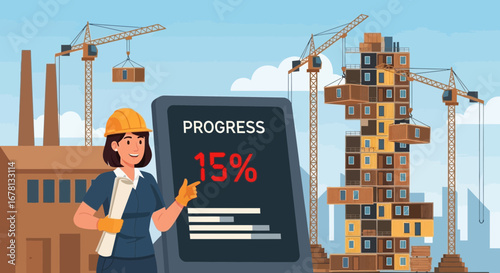 Optimistic construction progress display with empowered engineer and lively cranes
