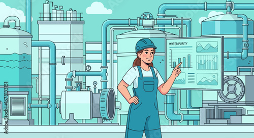 Water Purification Plant Supervisor Analyzing Data with Industrial Backdrop
