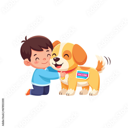 A heartwarming vector illustration of a happy boy hugging his newly vaccinated puppy, promoting pet healthcare and responsible animal care