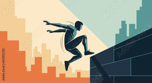 In a minimalist urban landscape, a stylized figure performs a dynamic parkour leap over a wall. The contrasting warm and cool color palette emphasizes the fluid motion
