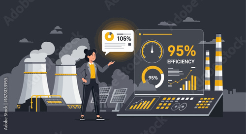Sustainable future presentation with woman analyzing energy efficiency metrics
