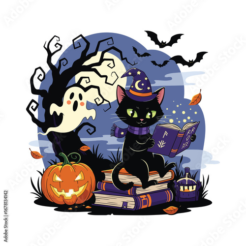 A black cat wearing a witch hat and scarf reads a spellbook, sitting on books, with a pumpkin, ghost, tree, moon, and bats in the background.