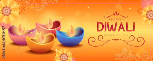 Celebration of Diwali festival featuring colorful oil lamps and floral accents. Vector illustration