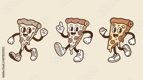 Three cartoon pizza slices dancing with joyful expressions