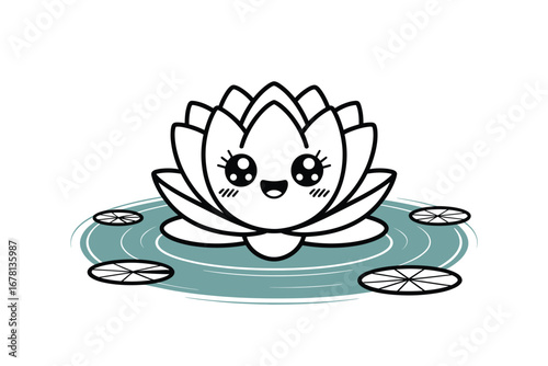 Kawaii Water Lily in a Pond: Cute Cartoon Flower Character with Lily Pads for Children's Books and Design Projects