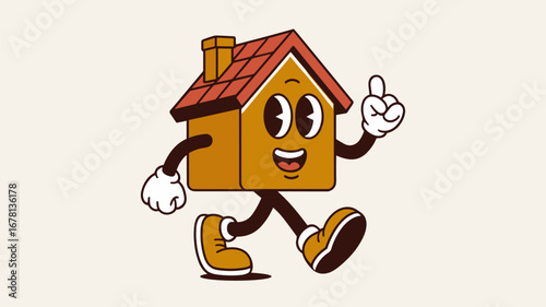 Retro cartoon house character walking with a positive Sign